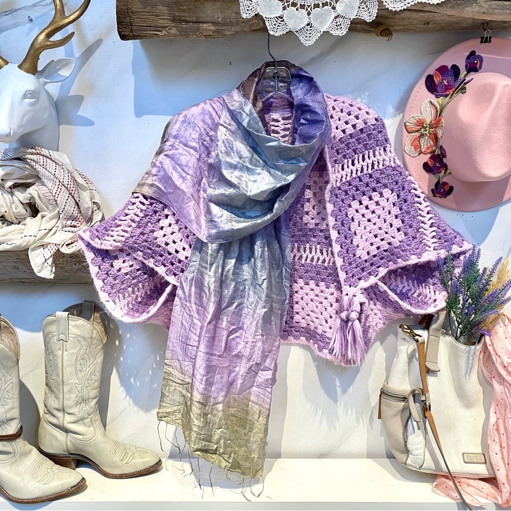 Raw SILK OMBRA purple boho scarf/wrap w glorious rustic texture